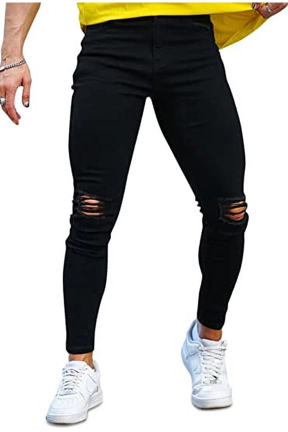 Men's Ripped Jeans Slim Fit Skinny Stretch Jeans Pants Black