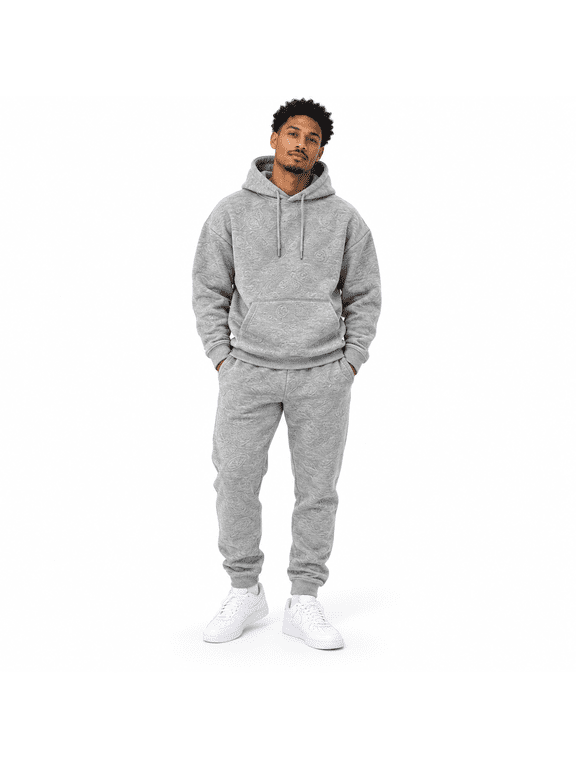 Men's Textured Sweatsuit Set, Pullover Hoodie and Joggers, 2-Piece, Gray, L