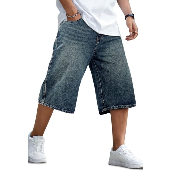 GINGTTO Men's Baggy Loose Fit Denim Shorts, Washed Blue, Size 38