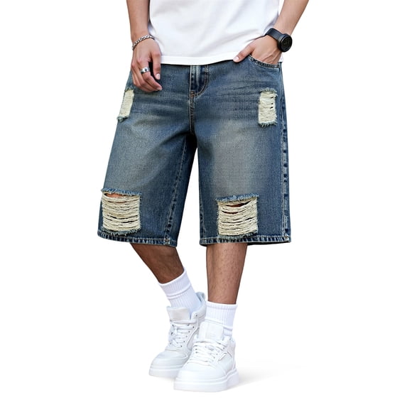 GINGTTO Men's Ripped Baggy Fit Below Knee Denim Shorts