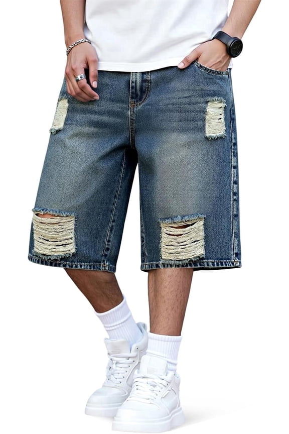 Men's Ripped Baggy Fit Below Knee Denim Shorts