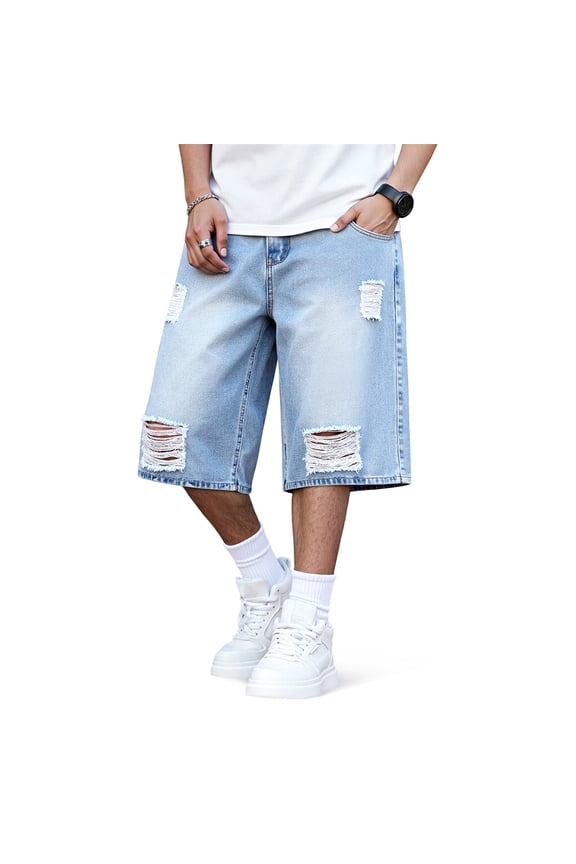 Men's Ripped Baggy Fit Below Knee Denim Shorts