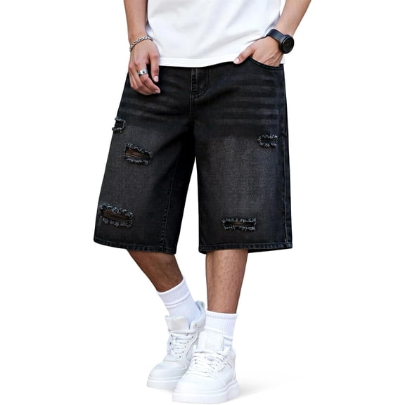 GINGTTO Men's Ripped Baggy Fit Below Knee Denim Shorts