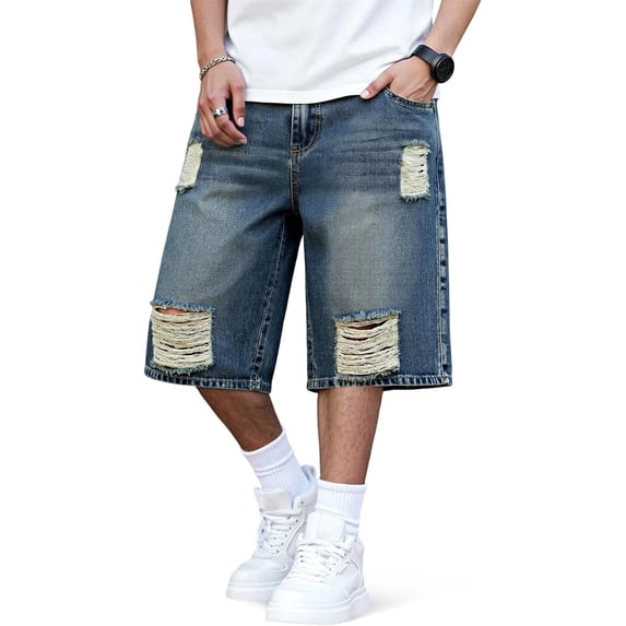 GINGTTO Men's Ripped Baggy Fit Below Knee Denim Shorts