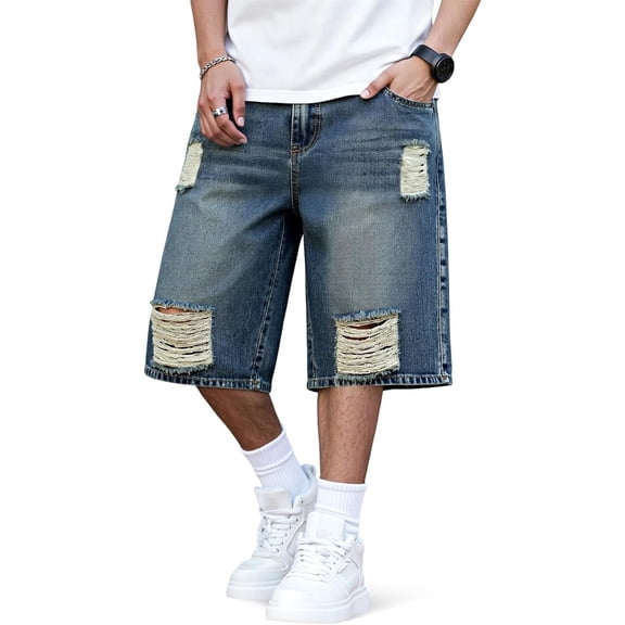 GINGTTO Men's Ripped Baggy Fit Below Knee Denim Shorts