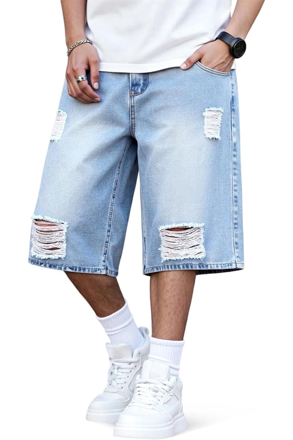 Men's Ripped Baggy Fit Below Knee Denim Shorts