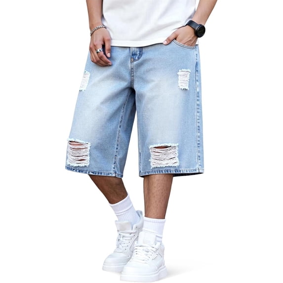 GINGTTO Men's Ripped Baggy Fit Below Knee Denim Shorts