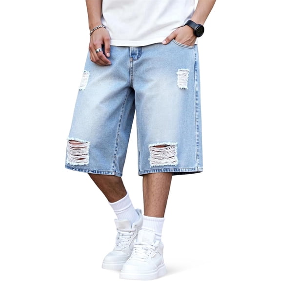 GINGTTO Men's Ripped Baggy Fit Below Knee Denim Shorts