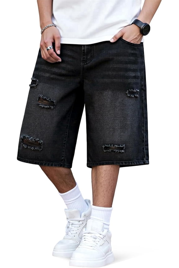 Men's Ripped Baggy Fit Below Knee Denim Shorts