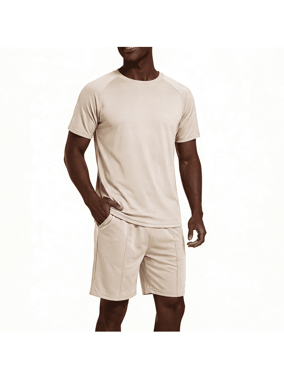 Men's Casual Workout Short Set - Khaki Quick-Dry Activewear T-Shirt & Elastic Waist Shorts, XL
