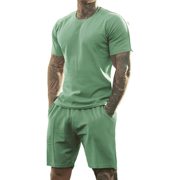 GINGTTO Men’s Green Active Workout Set, Short Sleeve Tee & Athletic Shorts - Moisture Wicking Summer Outfit for Gym, Running & Outdoor Training
