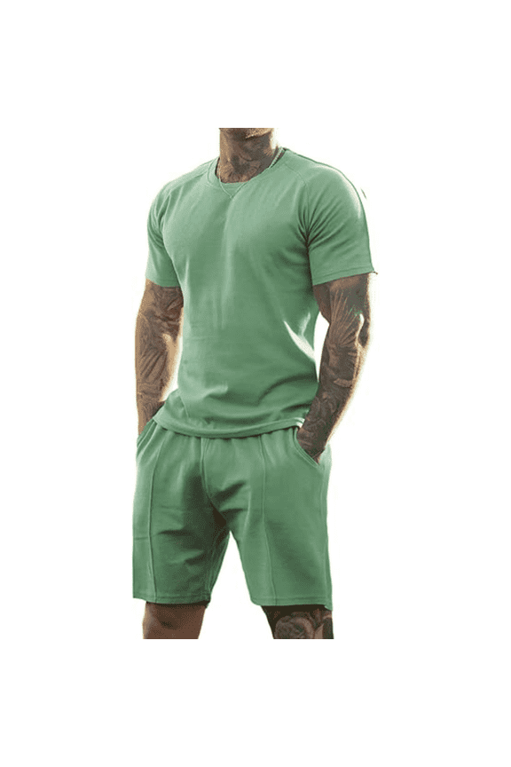 Men’s Green Active Workout Set, Short Sleeve Tee & Athletic Shorts - Moisture Wicking Summer Outfit for Gym, Running & Outdoor Training