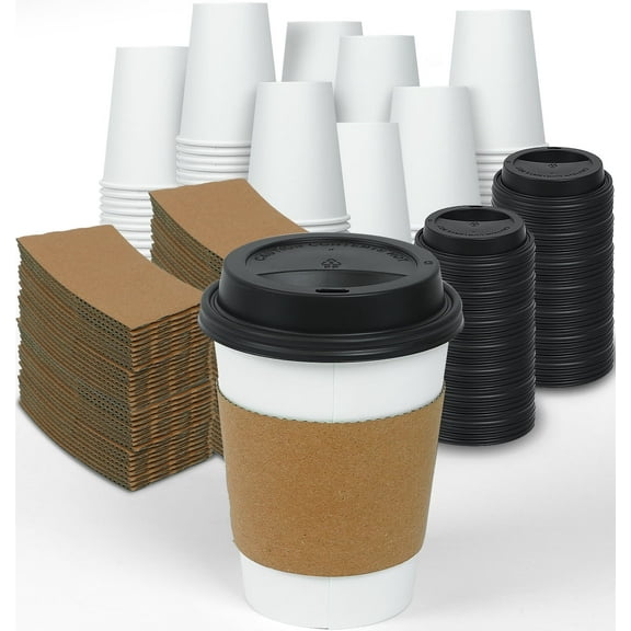 GINKGO 100 Pack 12 oz Disposable Paper Coffee Cups with Lids and Sleeves, Hot Coffee Cups