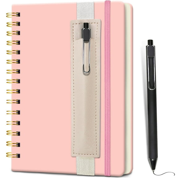 GINMLYDA Small Spiral Notebook (Pink) - 5.7"x 8.27", 160 Lined Pages - A5 Travel Journal for Men Women, w/Pen Holder & Pen, Hardcover, for Writing, Gifts