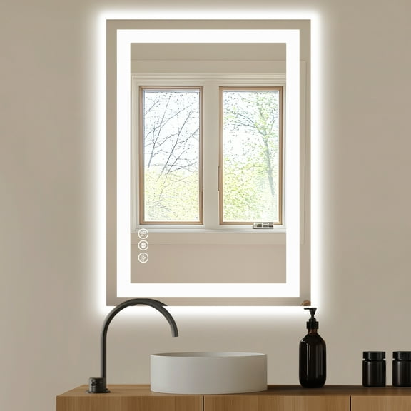 GINNA 24"X32" Anti-fog LED Bathroom Mirror with Dual Light Source and Three Lighting Modes, White