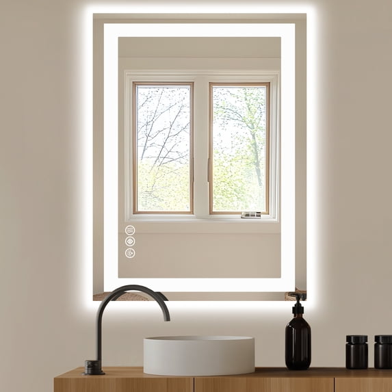 GINNA 28"X36" Anti-fog LED Bathroom Mirror with Dual Light Source and Three Lighting Modes, White