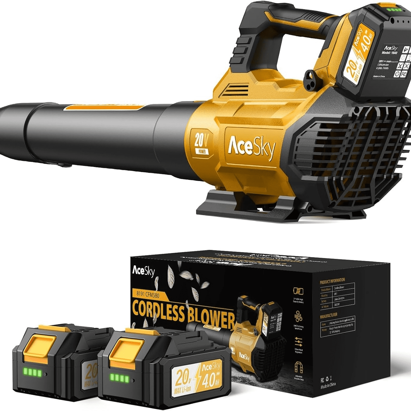 GINOST Leaf Blower Cordless, 580CFM/160MPH & 3 Speed Levels, Electric Battery-Powered Leaf Blower with 2 x 4.0Ah Batteries and Extension Nozzle, Ideal for Lawn Care, Yard Maintenance
