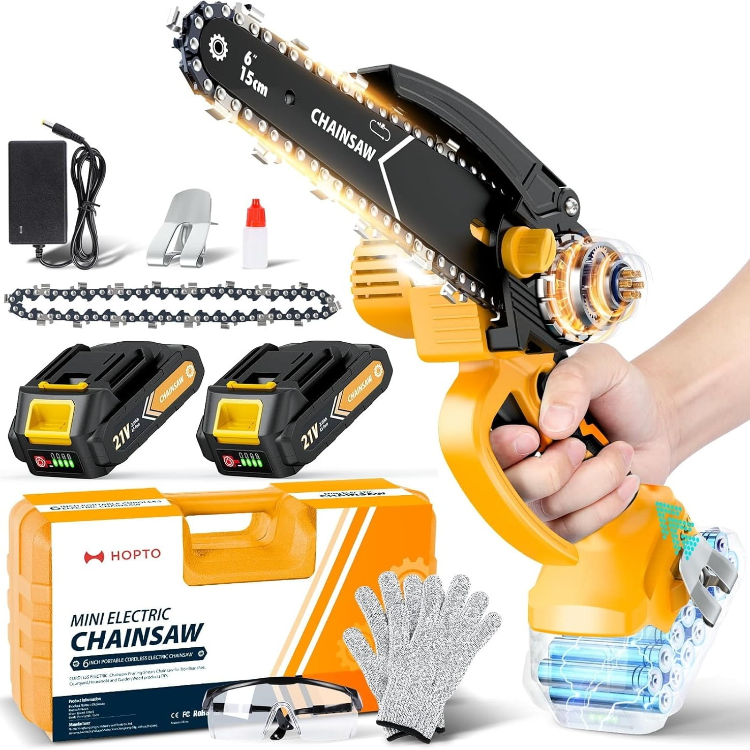 GINOST Mini Chainsaw, 6-Inch Chain saw with 2 Pack 2000mAh Batteries, Portable Handheld Chainsaw, Mini Chainsaw Cordless for  DIY Projects Gardening Camping, Christmas Tree Pruning and Festive Gift