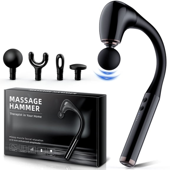 GINOST U-Shaped Back Massage Gun with 4 Massage Heads 5 Speed Levels 10MM Handheld for Neck, Shoulder, Relax Gift for Mom, Dad