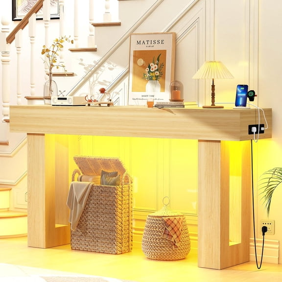 GIODIR 63" Extra-Long Modern Console Table with Charging Station, RGB LED Lights & Storage, Versatile Narrow Sofa Table Behind The Couch, Perfect for Entryway, Hallway or Living Room (Natural Light)