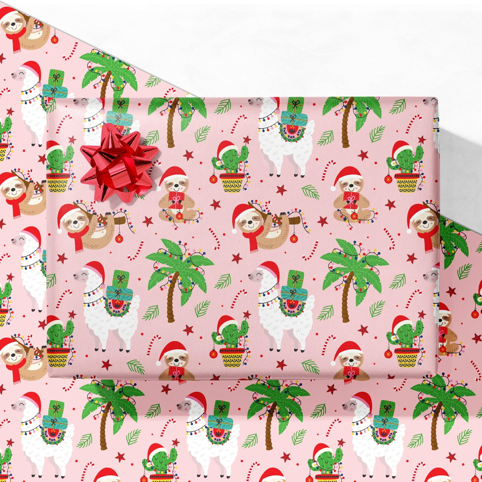 GIOLNIAY Pink Christmas Wrapping Paper for Boys Girls Kids - Cute Holiday Gift Wrap with Sloth, Llama, Cactus & Palm Tree on Pink - 4 Jumbo Sheets, 28" x 40" Each (31 sq. ft ttl), Easy to Store