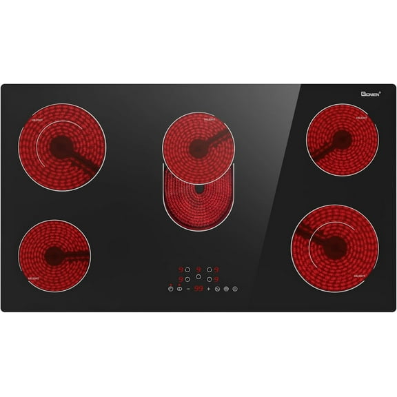 GIONIEN 36 Inch Electric Cooktop, 8400W Built-in Ceramic Stove with 5 Burners & Double Ring Zones, 220~240V Hardwired Drop-in Electric Stove Top, Touch Control, 9 Power Levels, Timer, Child Lock