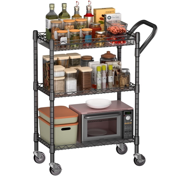 GIOTORENT 3-Tier Rolling Utility Cart, Heavy Duty Metal Storage Cart with Handle, Lockable Wheels & Shelf Liners, 23.8"  18"  36.6" for Kitchen Bathroom Office,Black