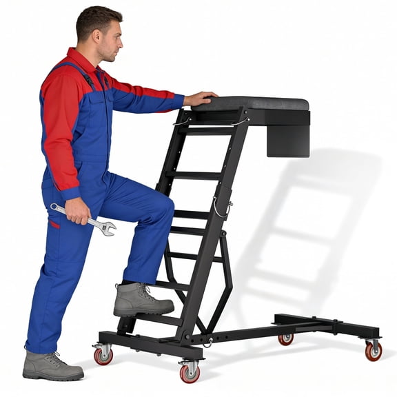 GIOTORENT Adjustable Topside Creeper 46"-66" Height, Foldable Engine Creeper with Padded Seat, Tool Pouch & 4 Swivel Casters - Heavy Duty for Garage Auto Repair