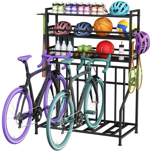 GIOTORENT Garage Bike Storage Rack, Heavy Duty Freestanding Adjustable Bike Rack with Shelves, Holds 3–4 Bikes, Garage Organizer with Hooks