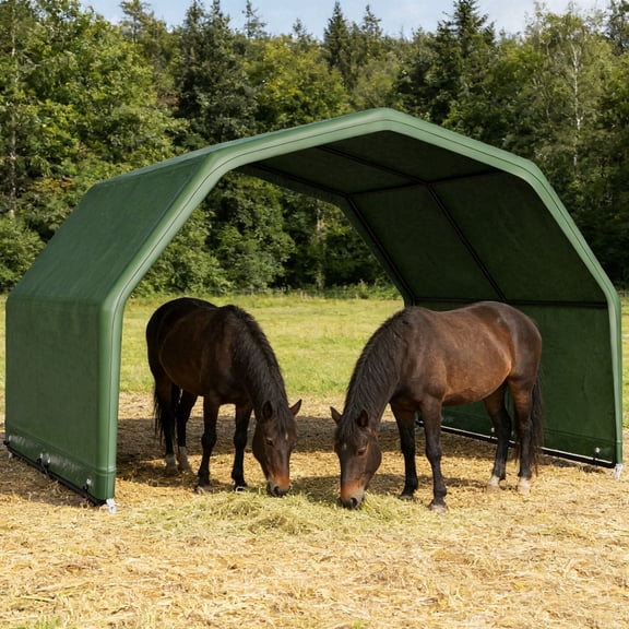 GIOTORENT Heavy Duty Livestock Shelter Canopy - 8x8x7 ft Waterproof UV Treated Outdoor Shade for Horses, Goats & Hay Storage, All-Weather Portable Corral Cover, Deep Green