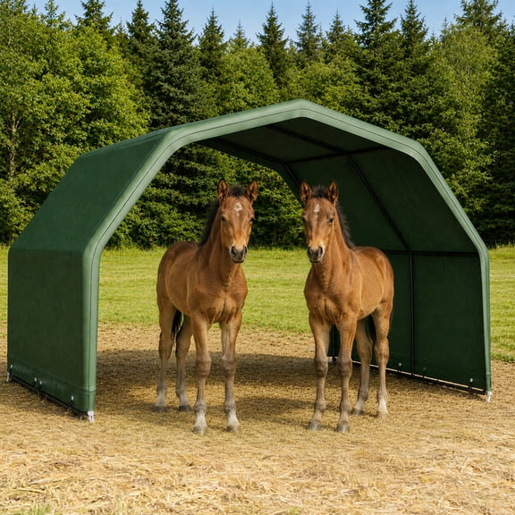 GIOTORENT Heavy Duty Livestock Shelter Canopy - 8x8x7 ft Waterproof UV Treated Outdoor Shade for Horses, Goats & Hay Storage, All-Weather Portable Corral Cover, Deep Green