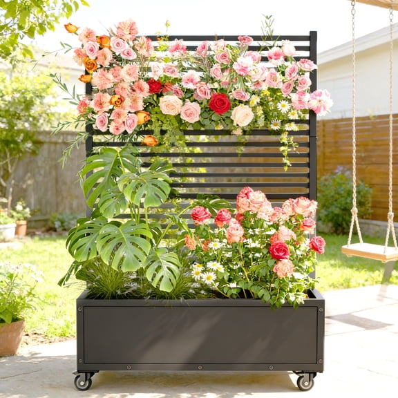 GIOTORENT Raised Garden Bed with Trellis and Lockable Wheels, Heavy Duty Metal Rolling Elevated Planter Box for Balcony, Patio & Courtyard, 47.2" W x 70.3" H Black