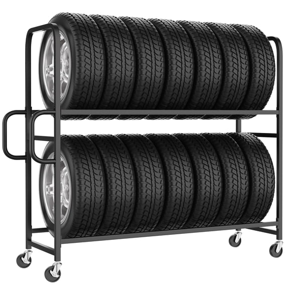 GIOTORENT Rolling Tire Storage Rack for Garage - 57"W Adjustable 2-Tier Heavy Duty Tire Rack with Lockable Wheels, Holds 8-14 Tires for Workshop & Auto Repair Shop