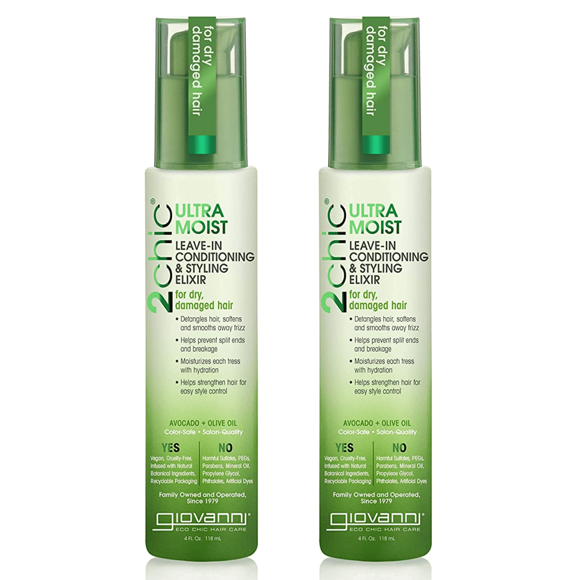 GIOVANNI 2chic Leave In Conditioning Styling Elixir - Smoothes Frizz - Aloe Vera, Shea Butter, Color Safe, Ultra-Moist (Avocado + Olive Oil), 4 Fl Oz (Pack of 2)