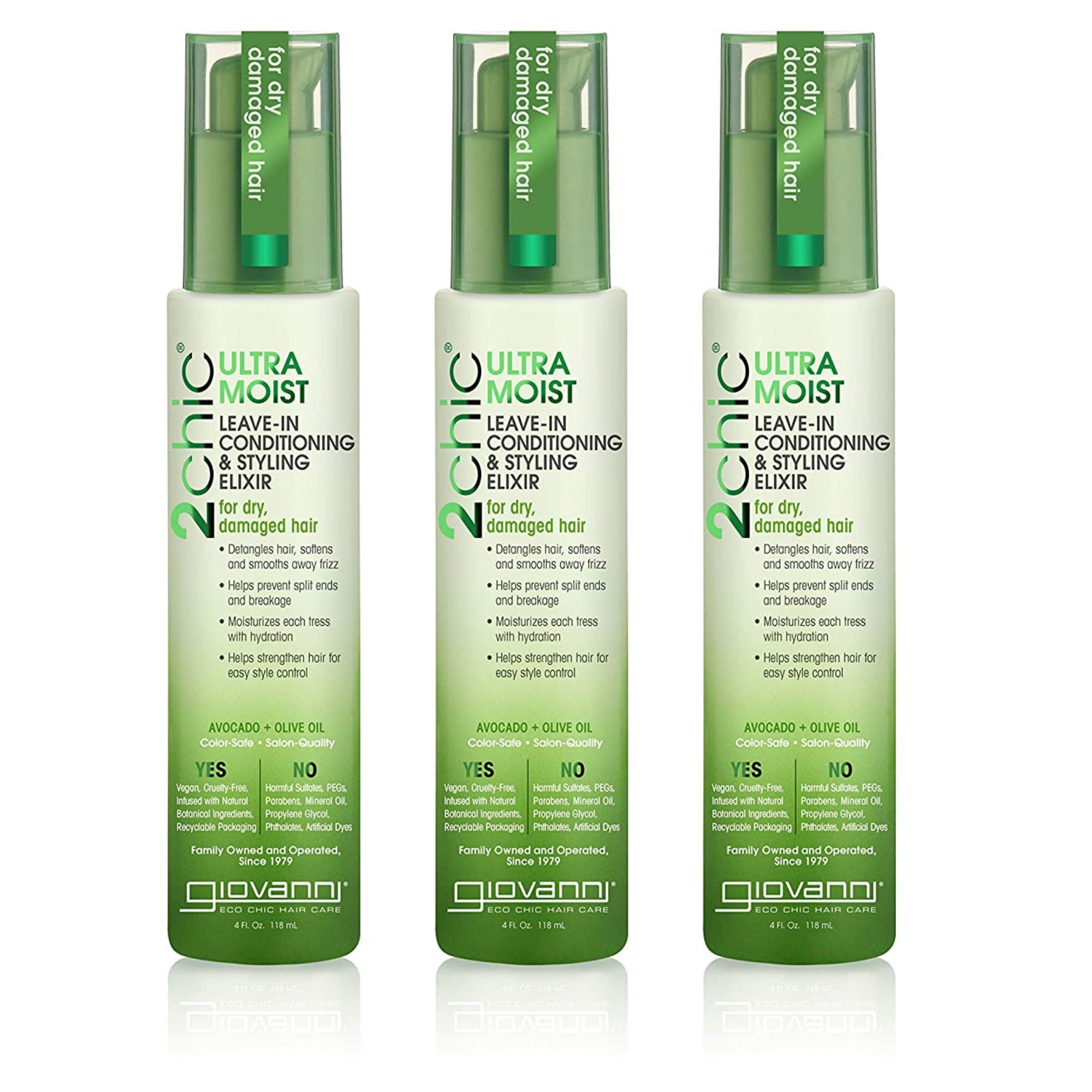 GIOVANNI 2chic Ultra-Moist Leave-In Conditioning & Styling Elixir, 4 oz. Avocado & Olive Oil, Smoothes Frizz & Helps to Prevent Breakage, Aloe Vera, No Parabens, Color Safe (Pack of 3)