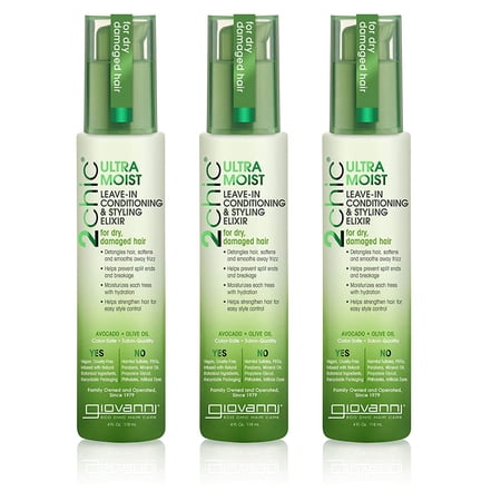 GIOVANNI 2chic Ultra-Moist Leave-In Conditioning & Styling Elixir, 4 oz. Avocado & Olive Oil, Smoothes Frizz & Helps to Prevent Breakage, Aloe Vera, No Parabens, Color Safe (Pack of 3)