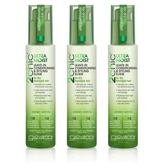 GIOVANNI 2chic Ultra-Moist Leave-In Conditioning & Styling Elixir, 4 oz. Avocado & Olive Oil, Smoothes Frizz & Helps to Prevent Breakage, Aloe Vera, No Parabens, Color Safe (Pack of 3)