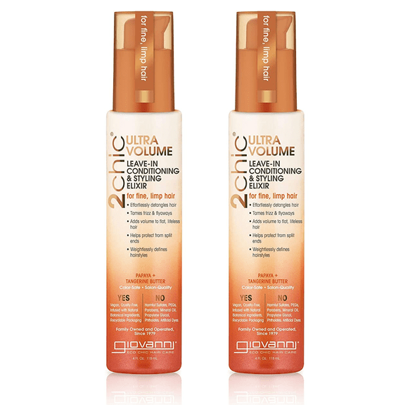 GIOVANNI 2chic Ultra Volume Leave-In Conditioning & Styling Elixir, 4 oz. for Thin, Fine Hair, Papaya & Tangerine Butter, Builds Volume, Promotes Weightless Control, Color Safe (Pack of 2)