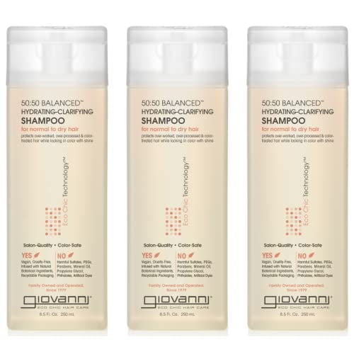 GIOVANNI Eco Chic 50:50 Balanced Hydrating Clarifying Shampoo, 8.5 oz. - Leaves Hair pH Balanced for Over-Processed Hair, Lauryl & Laureth Lauryl & Laureth Sulfate Free, Color Safe (Pack of 3)