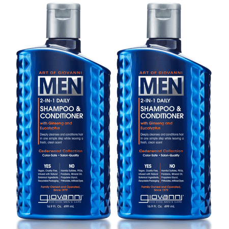 GIOVANNI Men’s 2-in-1 Daily Shampoo & Conditioner, 16.9 oz., with Ginseng and Eucalyptus, Color-Safe & Vegan-Friendly, Cleans & Moisturizes, Men’s Cedarwood Collection for All Hair Types (Pack of 2)