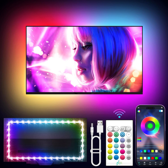 GIPOYENT RGB TV Backlight, 16.4ft LED Strip Lights for 45-75 inch TV, Music Sync, Bluetooth App Remote, Usb Powered, Bedroom HDTV Gaming