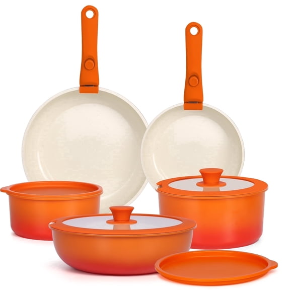 Gipp 11pcs Ceramic Cookware Sets, Pots and Pans Set Non Stick with Removable Handle, Oven & Dishwasher Safe,Induction Cookware, Kitchen Cooking Set for RV Trips and Camping,Orange