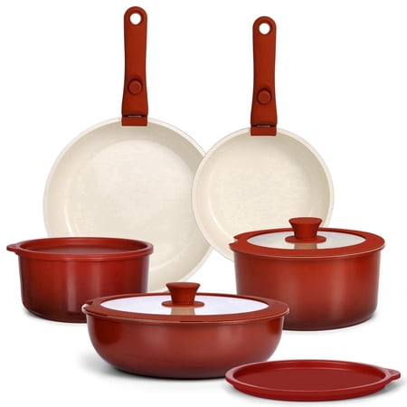Gipp 11pcs Ceramic Cookware Sets, Pots and Pans Set Non Stick with Removable Handle, Oven & Dishwasher Safe,Induction Cookware, Kitchen Cooking Set for RV Trips and Camping,Red