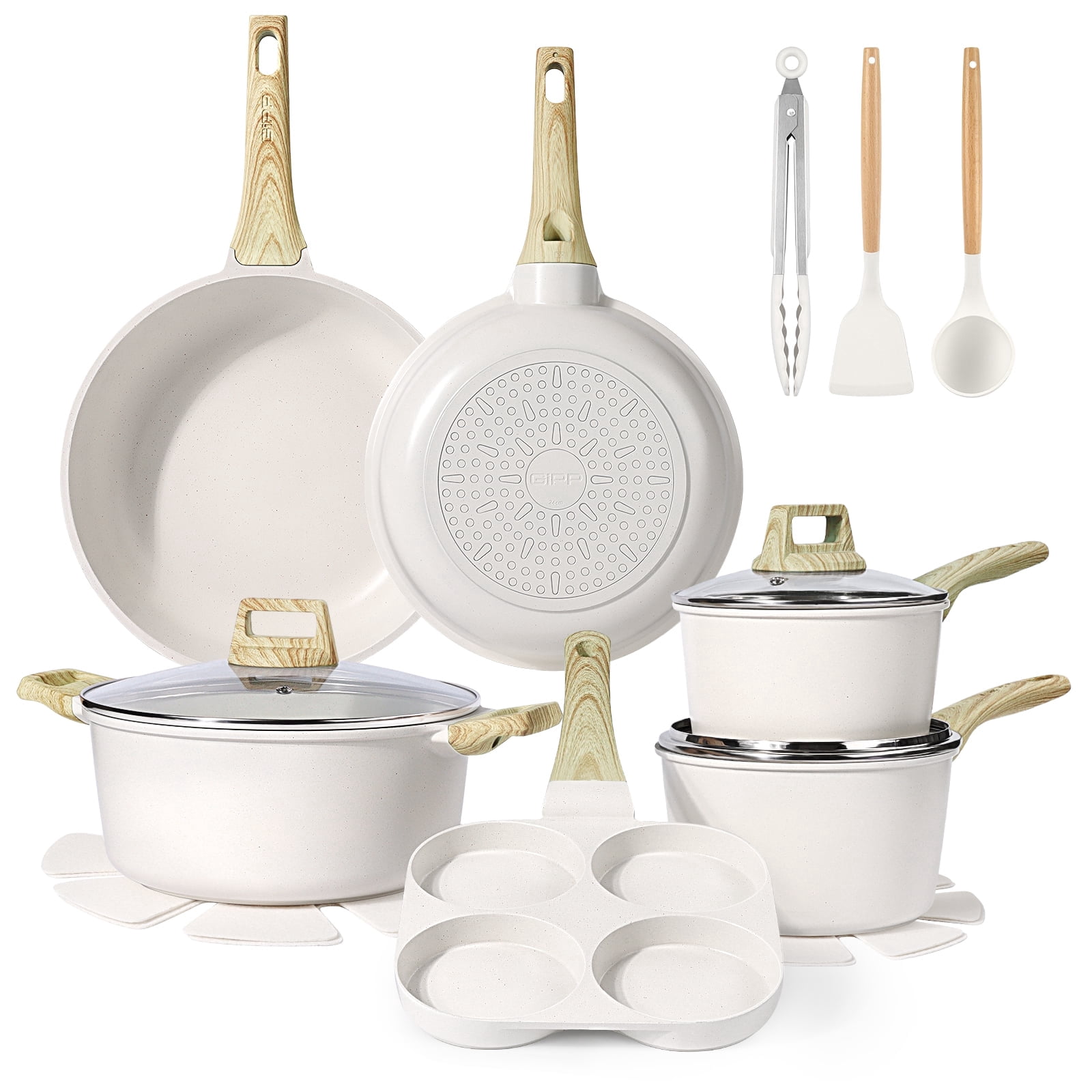 GIPP 17 Piece Kitchen Ceramic Cookware Sets with 11inch Frying Pan,Pots and Pans Set Non stick ,Dishwasher Safe Induction Cookware, Kitchen Cooking Set for RV Trips