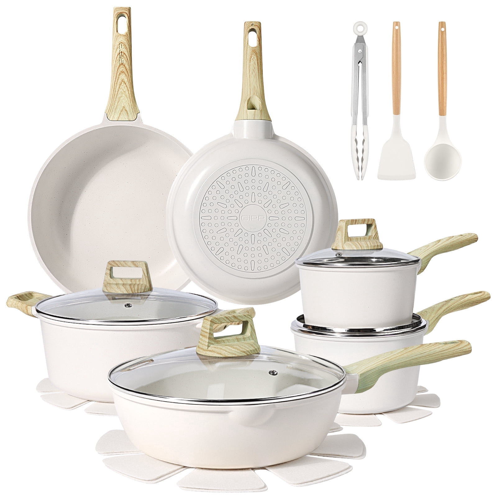 GIPP 18 Piece Kitchen Ceramic Cookware Sets with 11inch Frying Pan,Pots and Pans Set Non stick ,Dishwasher Safe Induction Compatible, Kitchen Cooking Set