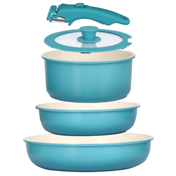 Gipp 5pcs Pots and Pans Set Non Stick,Ceramic Cookware Sets with Removable Handle, Oven & Dishwasher Safe,Induction Cookware,Kitchen Cooking set,Blue