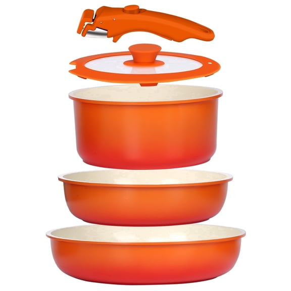 Gipp 5pcs Pots and Pans Set Non Stick,Ceramic Cookware Sets with Removable Handle, Oven & Dishwasher Safe,Induction Cookware,Kitchen Cooking set,Orange