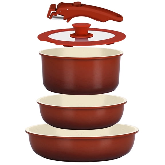 GIPP 5pcs Ceramic Pots and Pans Set Non Stick,Cookware Sets with Removable Handle, Oven & Dishwasher Safe,Induction Cookware,Kitchen Cooking set,Red Black Gradient