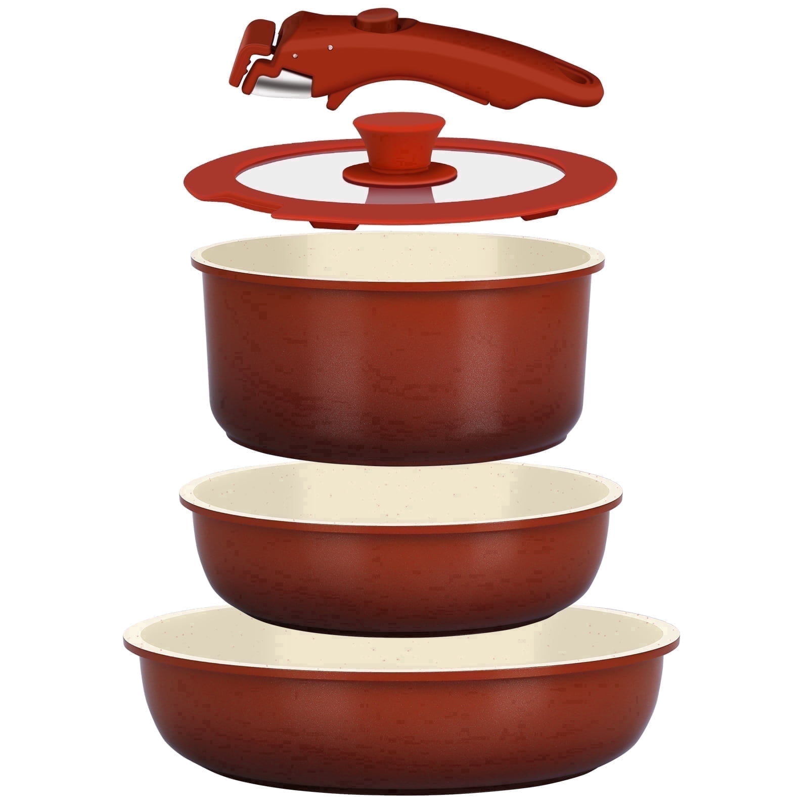 Gipp 5pcs Pots and Pans Set Non Stick,Ceramic Cookware Sets with Removable Handle, Oven & Dishwasher Safe,Induction Cookware,Kitchen Cooking set,Red