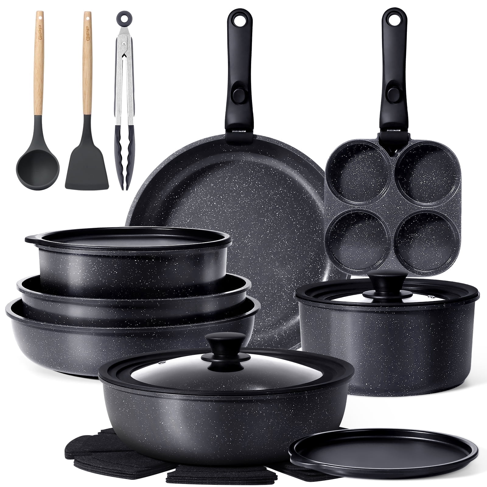 Gipp Large Size 21 Piece Ceramic Pots and Pans Set Non Stick,with 12 inch Frying Pan,Cookware Set with Detachable Handles, Safe for Ovens and Dishwashers,Induction Cookers RV Kitchen